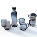 Glass Cups Set Including Handle Cups and Glass Bottle on White Background