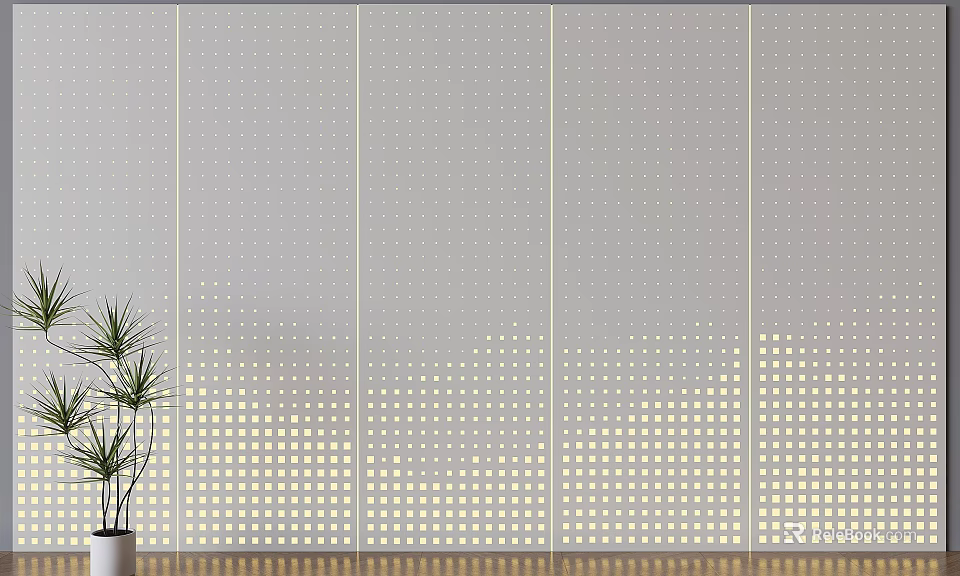 Modern Perforated Background Wall Design With Wooden Floor And Potted Plant 3d model 