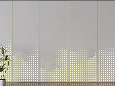 Modern Perforated Background Wall Design With Wooden Floor And Potted Plant 3d model