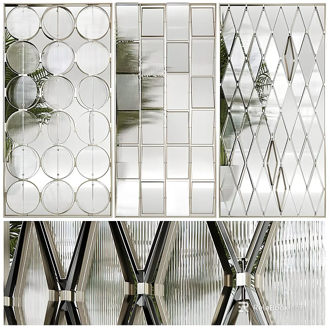 Stylish Glass Partitions With Circular Square And Diamond Patterns And Metal Frames For Interior Design 3d model 