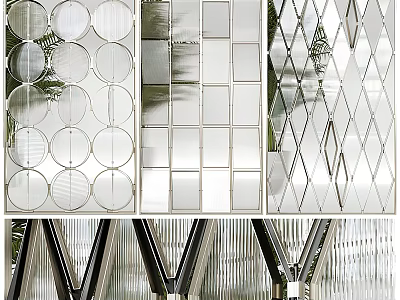Stylish Glass Partitions With Circular Square And Diamond Patterns And Metal Frames For Interior Design 3d model