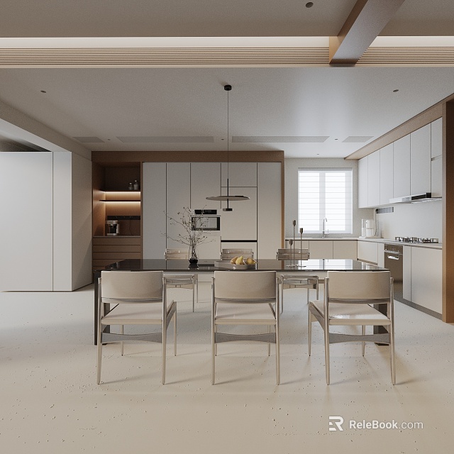 Modern Dining Table Set With Sleek Chairs And Kitchen Cabinets In Open Interior 3d model 