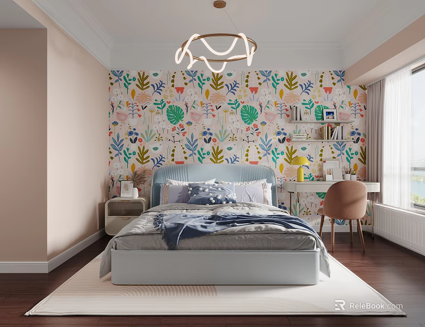 Cozy Kids Bedroom With Colorful Floral Wallpaper And Desk 3d model 