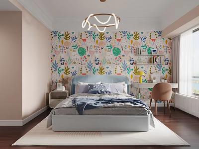 Cozy Kids Bedroom With Colorful Floral Wallpaper And Desk 3d model