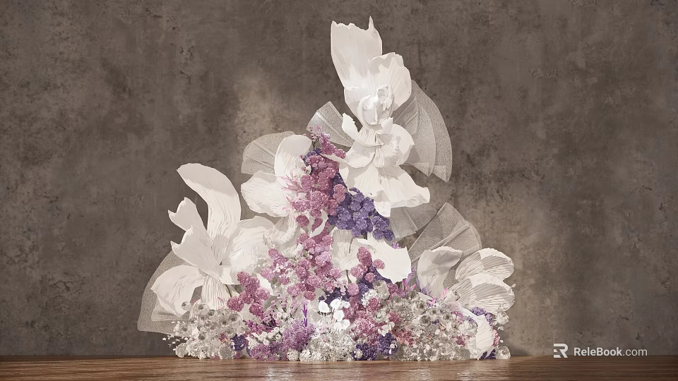 Banquet Hall Interior Decor With Stunning White Purple Floral Arrangement 3d model 