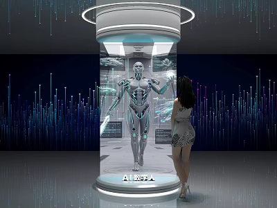 Technology Exhibition Hall Featuring Cylindrical Display With ALICE Robot Female Visitor And Blue Purple Background 3d model