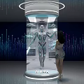 Technology Exhibition Hall Featuring Cylindrical Display With ALICE Robot Female Visitor And Blue Purple Background
