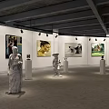 Spacious Art Gallery Interior With Paintings Large Windows And Wooden Chairs