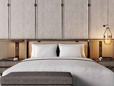 Modern Double Bed With Upholstered Headboard Wooden Bedside Tables Hanging Lamp And Gray Bench 3d model