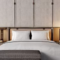 Modern Double Bed With Upholstered Headboard Wooden Bedside Tables Hanging Lamp And Gray Bench