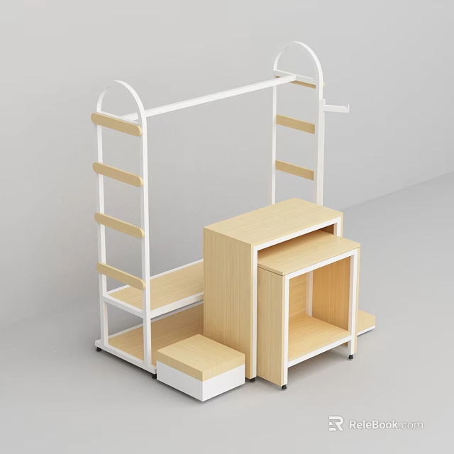 Modern Clothing Store Interior With White Metal Racks And Wooden Display Cabinets 3d model 
