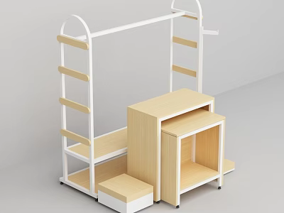 Modern Clothing Store Interior With White Metal Racks And Wooden Display Cabinets 3d model