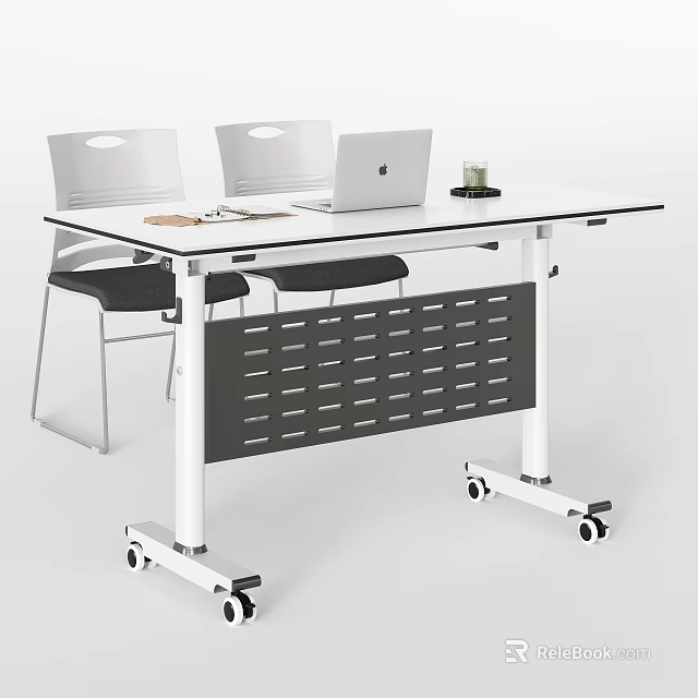 Modern Meeting Room Interior With Mobile White Table Laptop Cup And White Backrest Chairs 3d model 