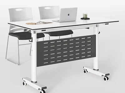 Modern Meeting Room Interior With Mobile White Table Laptop Cup And White Backrest Chairs 3d model