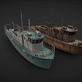 Two Ships Featuring Modern Blue Hull and Rusty Vintage Structure with Decks