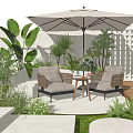 Outdoor Patio Wicker Table and Chairs Set With Umbrella and Green Plants