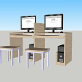 Double Computer Office Desk With Two Monitors Keyboards Mice CPUs And Stools 3d model