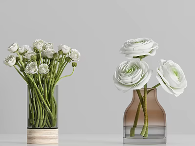 Beautiful White Flowers in Transparent Vase with Wooden Base and Brown Glass Vase 3d model