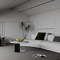 Modern Living Room Interior Design With White Sofa Green Chair Coffee Table And Potted Plant