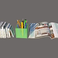 Stack of Books Green Pen Holder with Pens and Open Magazine Showing Interior Design