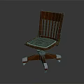 Classic Wooden Office Chair With Vertical Slat Backrest Green Fabric Cushion And Metal Wheeled Base