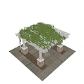 Beautiful Pergola With Green Vines Purple Flowers White Columns Red Brick Bases And Stone Floor