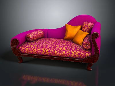 Purple Chaise Lounge with Pink Gold Floral Pattern Orange Cushions and Dark Wooden Carved Legs 3d model