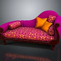 Purple Chaise Lounge with Pink Gold Floral Pattern Orange Cushions and Dark Wooden Carved Legs