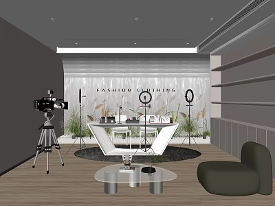 Fashion Styling Studio Interior With White Table Camera Tripod And Green Plants 3d model