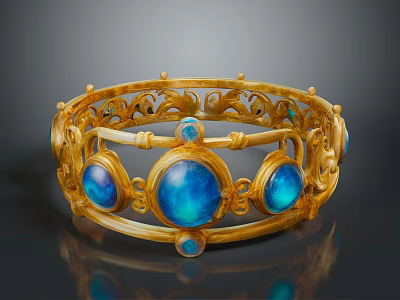 Elegant Gold Bracelet With Blue Gemstones And Intricate Carvings Design 3d model