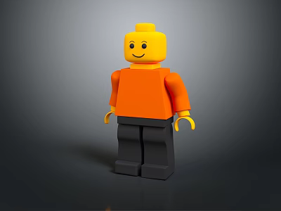 Lego Toy Figure With Yellow Head Orange Shirt Black Pants And Smiling Face 3d model