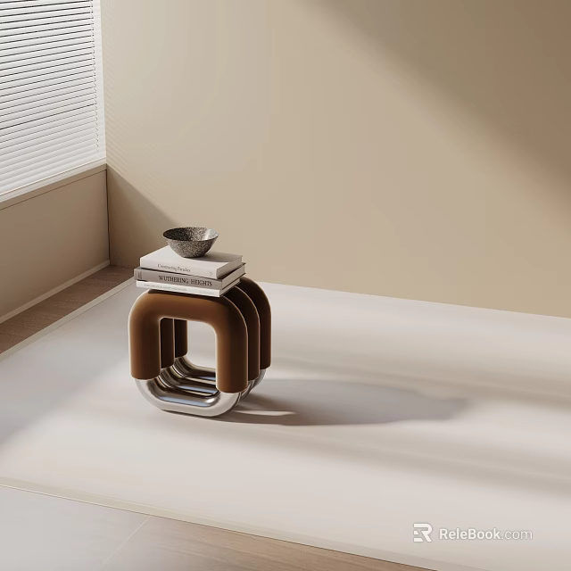 Modern Side Table With Metal Frame Brown Upholstery Stacked Books And Small Bowl 3d model 