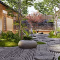 Serene Japanese Dry Landscape Garden With Raked Gravel Smooth Stones Lush Moss And Trees