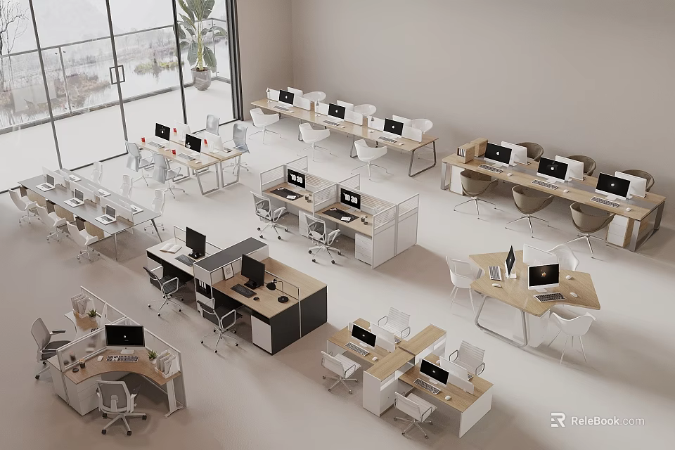 Modern Office Open Workspace With Multiple Desks Computers Ergonomic Chairs And Large Windows 3d model 