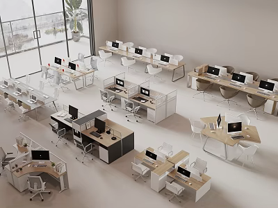Modern Office Open Workspace With Multiple Desks Computers Ergonomic Chairs And Large Windows 3d model