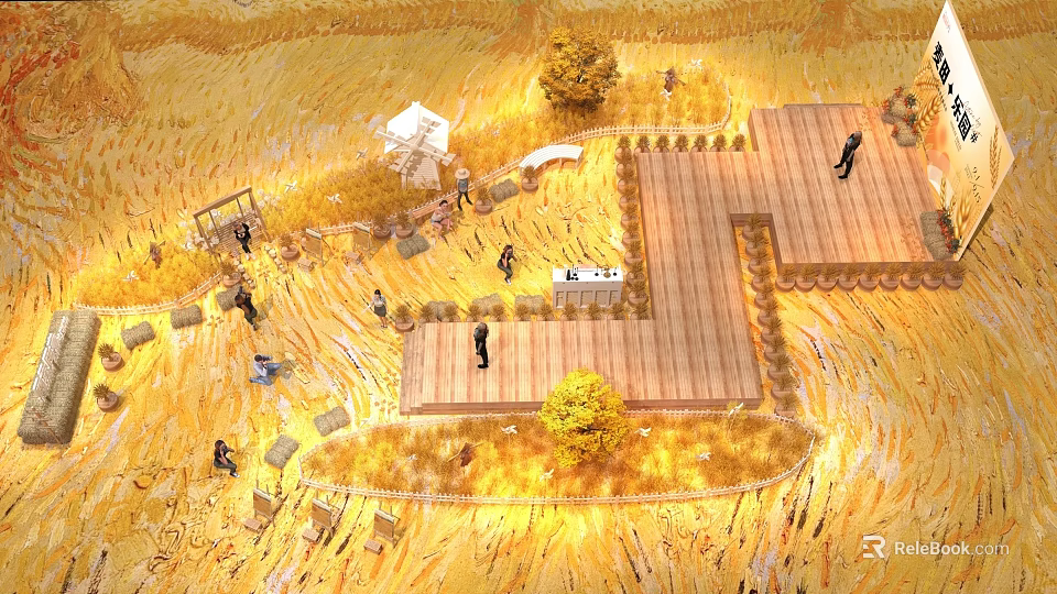 Golden Wheat Field Photo Check-in Spot With Wooden Plank Path Scarecrows And Windmill 3d model 