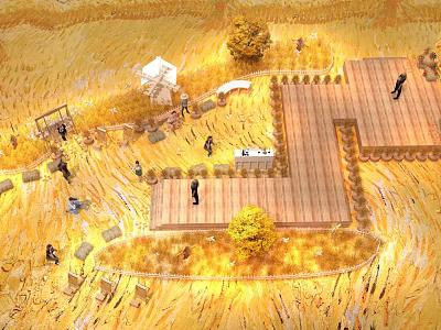 Golden Wheat Field Photo Check-in Spot With Wooden Plank Path Scarecrows And Windmill 3d model