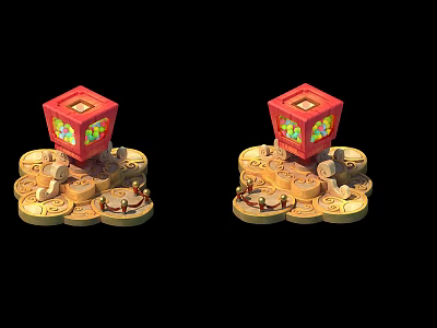 Decorative Red Cubes With Colorful Windows Placed On Stacks Of Coins 3d model