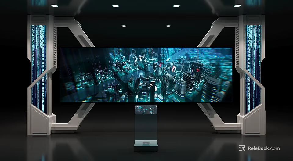Futuristic Tech Display Room With Large Screen Metal Frames Blue Lighting And Transparent Stand 3d model 