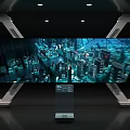 Futuristic Tech Display Room With Large Screen Metal Frames Blue Lighting And Transparent Stand