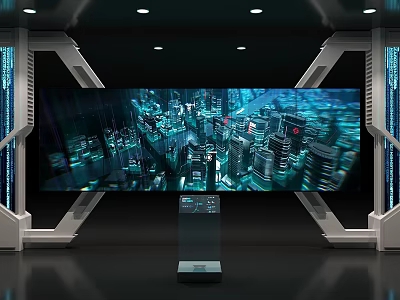Futuristic Tech Display Room With Large Screen Metal Frames Blue Lighting And Transparent Stand 3d model