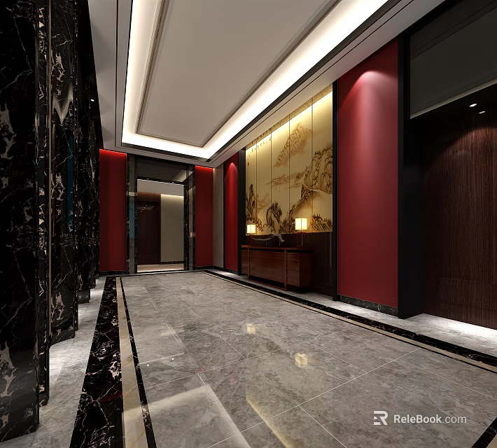 Elegant Elevator Hallway Interior With Marble Floor Red Walls And Decorative Mural 3d model