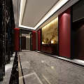 Elegant Elevator Hallway Interior With Marble Floor Red Walls And Decorative Mural 3d model
