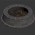 Circular Stone Fire Pit With Glowing Flame Pattern And Masonry Design