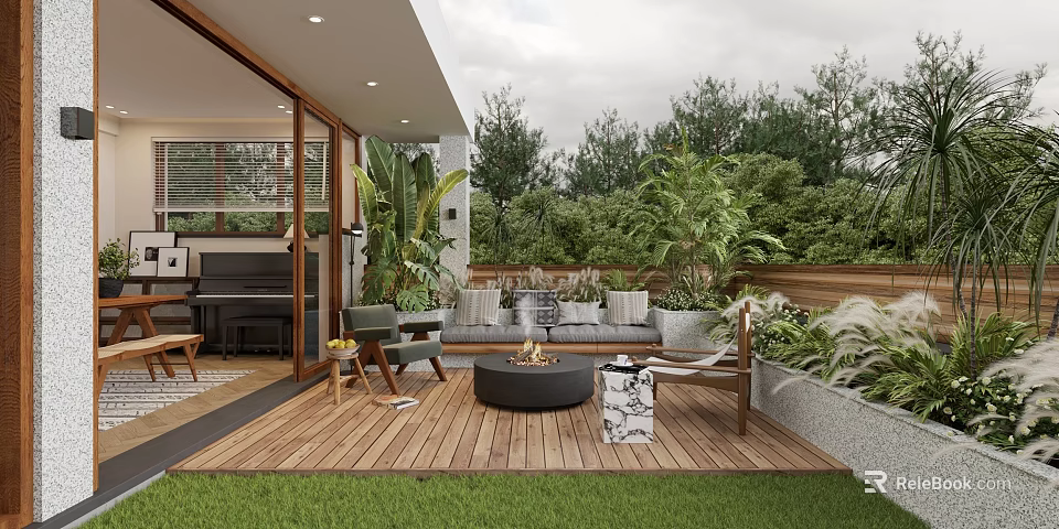 Roof Garden With Wooden Deck Lawn Area Sofa Seating Fire Pit And Lush Plants 3d model 