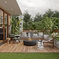 Roof Garden With Wooden Deck Lawn Area Sofa Seating Fire Pit And Lush Plants