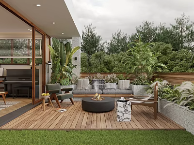 Roof Garden With Wooden Deck Lawn Area Sofa Seating Fire Pit And Lush Plants 3d model