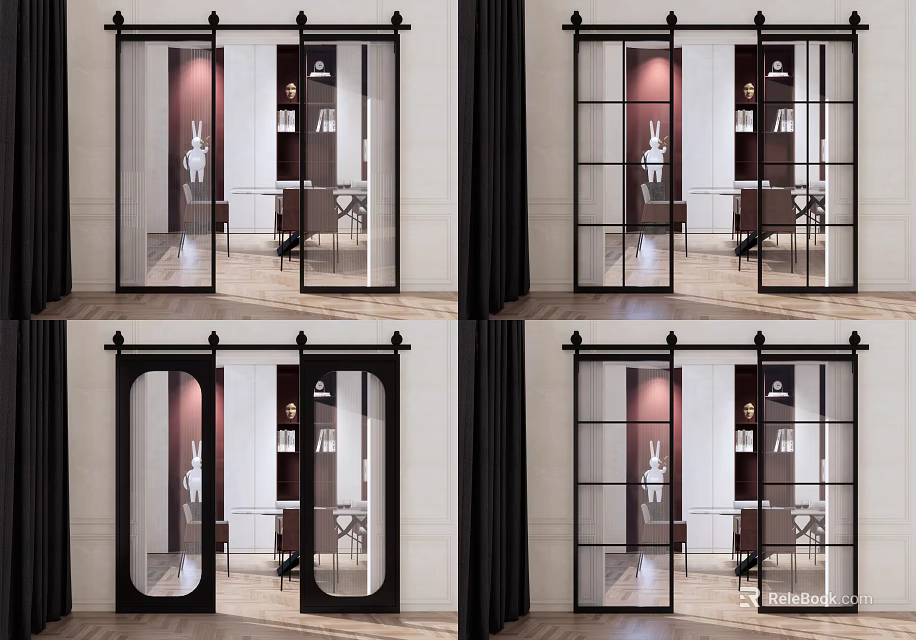 Modern Sliding Barn Door With Glass Panel And Black Metal Frame For Interior Design 3d model 