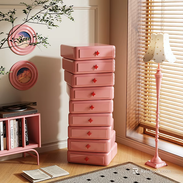 Pink Chest of Drawers with Red Star Knobs Round Wall Decor and Pink Bookshelf Floor Lamp 3d model 
