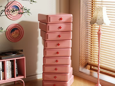 Pink Chest of Drawers with Red Star Knobs Round Wall Decor and Pink Bookshelf Floor Lamp 3d model